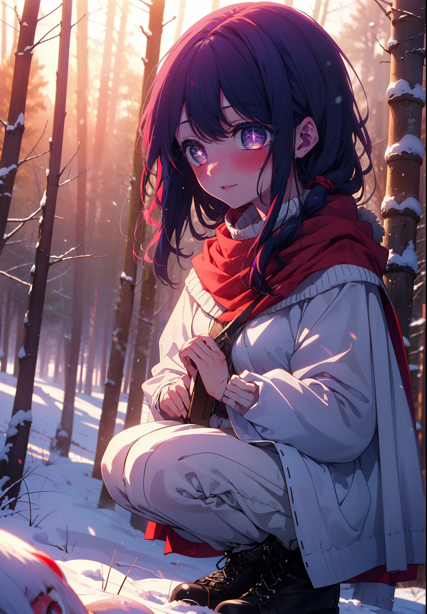 aihoshino, Ai Hoshino, Long Hair, bangs, (Purple eyes:1.1), Purple Hair, (Symbol-shaped pupil:1.5), smile,,smile,blush,White Breath,
Open your mouth,snow,Ground bonfire, Outdoor, boots, snowing, From the side, wood, suitcase, Cape, Blurred, , forest, White handbag, nature, Squat, Mouth closed, Cape, winter, Written boundary depth, Black shoes, red Cape break looking at viewer, Upper Body, whole body, break Outdoor, forest, nature, break (masterpiece:1.2), Highest quality, High resolution, unity 8k wallpaper, (shape:0.8), (Beautiful and beautiful eyes:1.6), Highly detailed face, Perfect lighting, Extremely detailed CG, (Perfect hands, Perfect Anatomy),