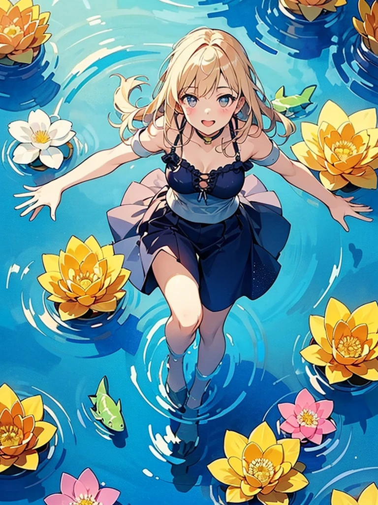 Woman walking on calm water, ((from above:1.5)), From above, Overlooking、Dancing Woman、Bottom Fish, lotus, Pool

