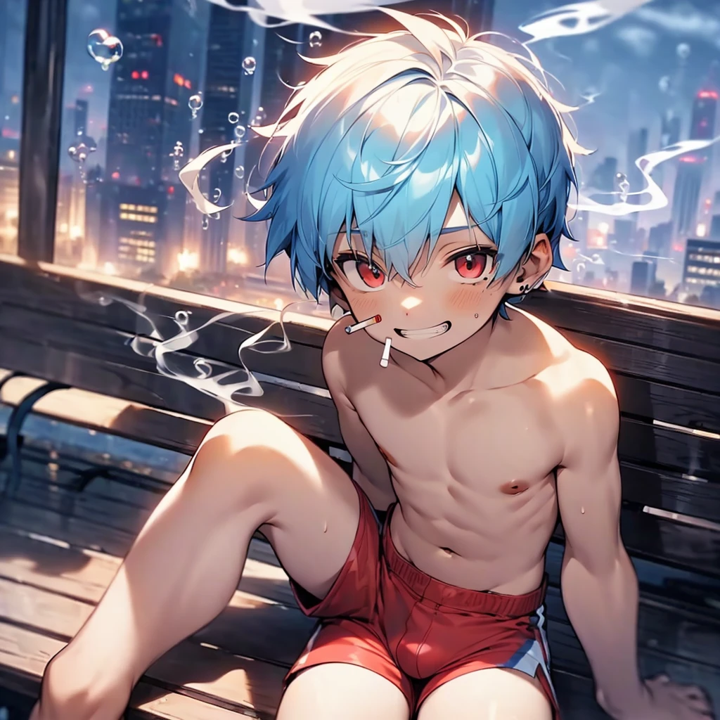 (solo:2), (boldline:-1.8), (smoking:1.6), (((bubble))), (sitting on bench:1.5), (spread legs:1.5), (((fang))), (((best finger))), BREAK (best quality:1.5), (absolutely resolution:1.5), (ultra detailed:1.5), (masterpiece:1.5), (perfect face), (detailed face), (detailed eyes), (best eyes), (cute face), (shota:2), BREAK (topless:1.5), BREAK (red short pants:1.5), (bulge:1.6), (skinny:1.3), (spiked hair), BREAK (light blue hair:1.5), (wine red eyes:1.4), (eyes with highlight:1.6), ((mole under eye)), (sweaty skin), (light skin), (grin:1.5), ((earrings)), (shiny skin:1.3), BREAK (garden), (building:1.5), (at twilight:1.5), ((wind blowing)), ((nipple)), (abs), (groin),