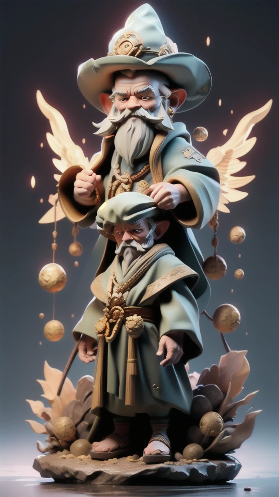 a venerable sage whose appearance exudes wisdom and mystique. He is an elderly man with a flowing beard and piercing eyes, wearing a pointed hat adorned with mystical symbols. His robe is a tapestry of ancient parchment, adorned with patches of letters and numbers that seem to shimmer with arcane energy. Lector carries a staff embellished with glowing runes, and beside him floats a magical tome that hovers and flips through its pages as if alive. His presence on the battlefield suggests mastery over arcane knowledge, wielding spells that manipulate reality and empower allies with profound wisdom.