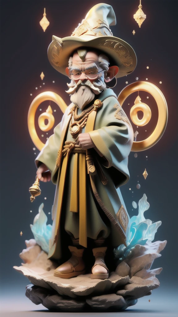 a venerable sage whose appearance exudes wisdom and mystique. He is an elderly man with a flowing beard and piercing eyes, wearing a pointed hat adorned with mystical symbols. His robe is a tapestry of ancient parchment, adorned with patches of letters and numbers that seem to shimmer with arcane energy. Lector carries a staff embellished with glowing runes, and beside him floats a magical tome that hovers and flips through its pages as if alive. His presence on the battlefield suggests mastery over arcane knowledge, wielding spells that manipulate reality and empower allies with profound wisdom.