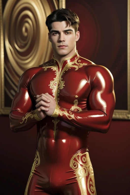 HD quality, high definition, male 18 years old handsome, muscular and slim, red lips, leaning against a horse, naked exposed crotch penis, model with bracelets, earrings and Necklace, wearing sunglasses, open vest, fully nude and naked body, eyebrowse angry, side view, wearing shoes