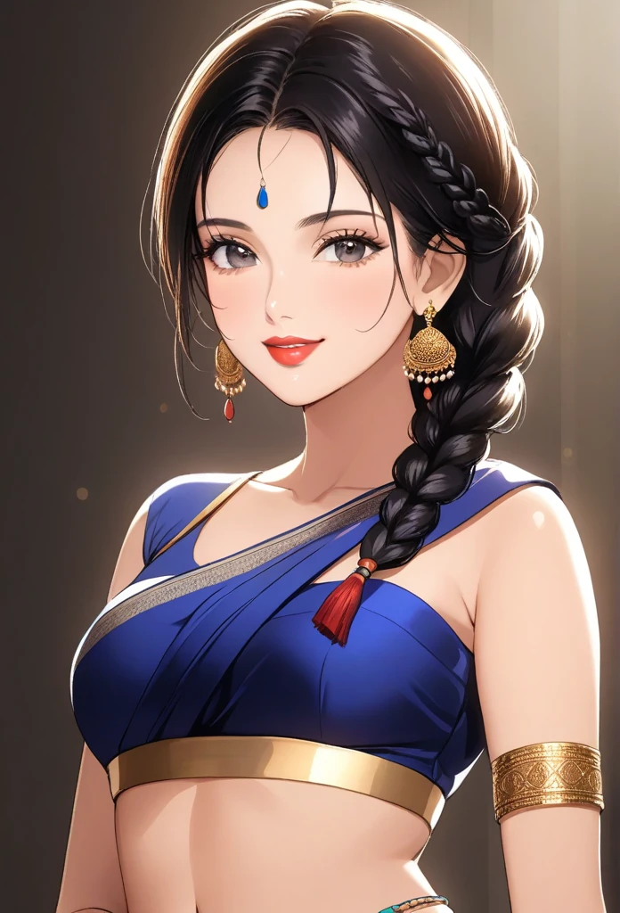 ((1woman, mature,single hair braid,saree, big long jhumka earrings , detailed alluring eyes, smooth detailed lips, beautiful face, smiling ,red lipstick ,navel,bangles,blue ribbon,