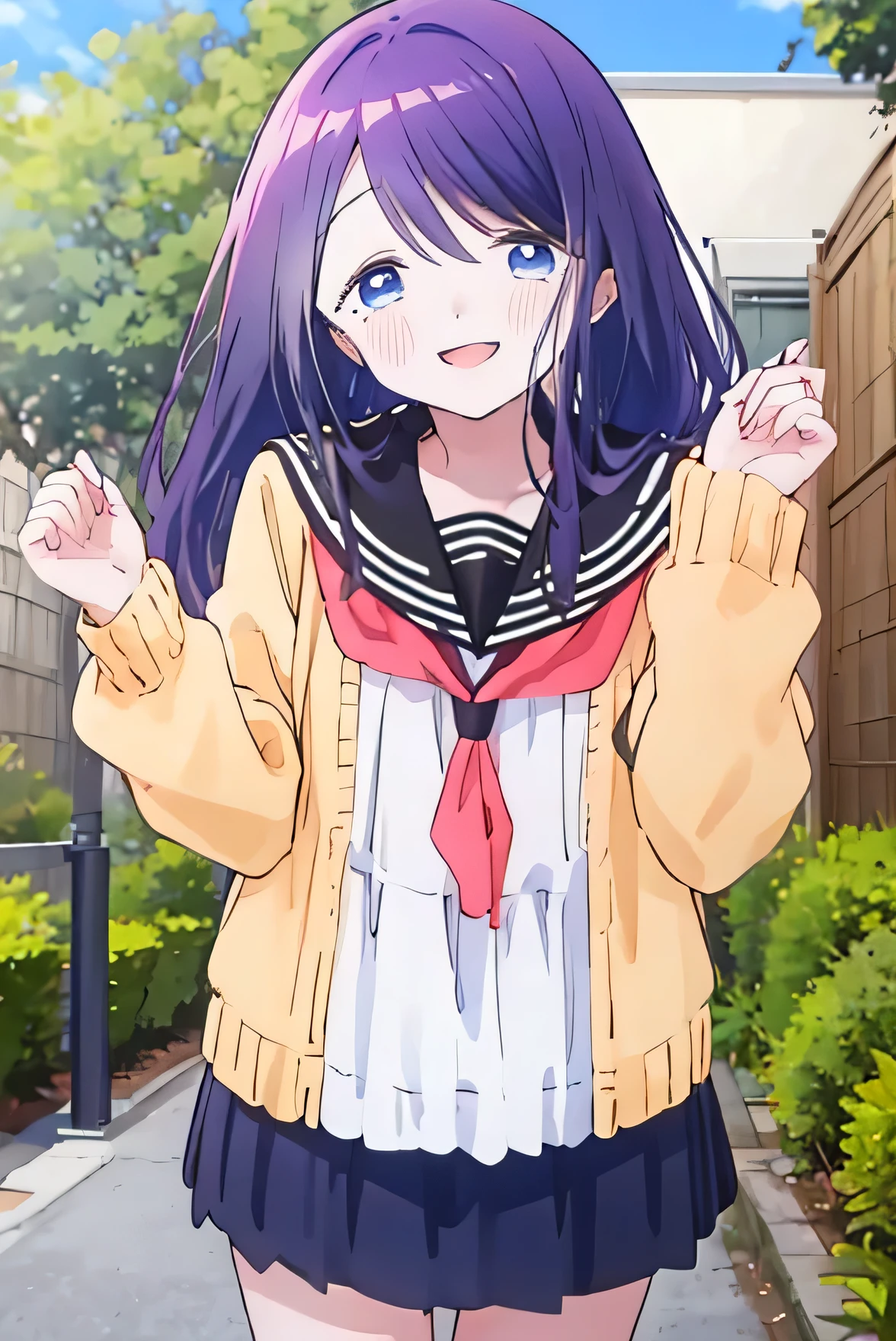 Masterpiece、Anime Coloring、Ultra fine、、、One Girl、Open your mouth wide、Lower Angle、cowboy shot、looking at the camera、smile、blush、Watery eye、Parted bangs、DullＴshirt、Leaning forward、garden、blue sky、sunny、Detailed hands