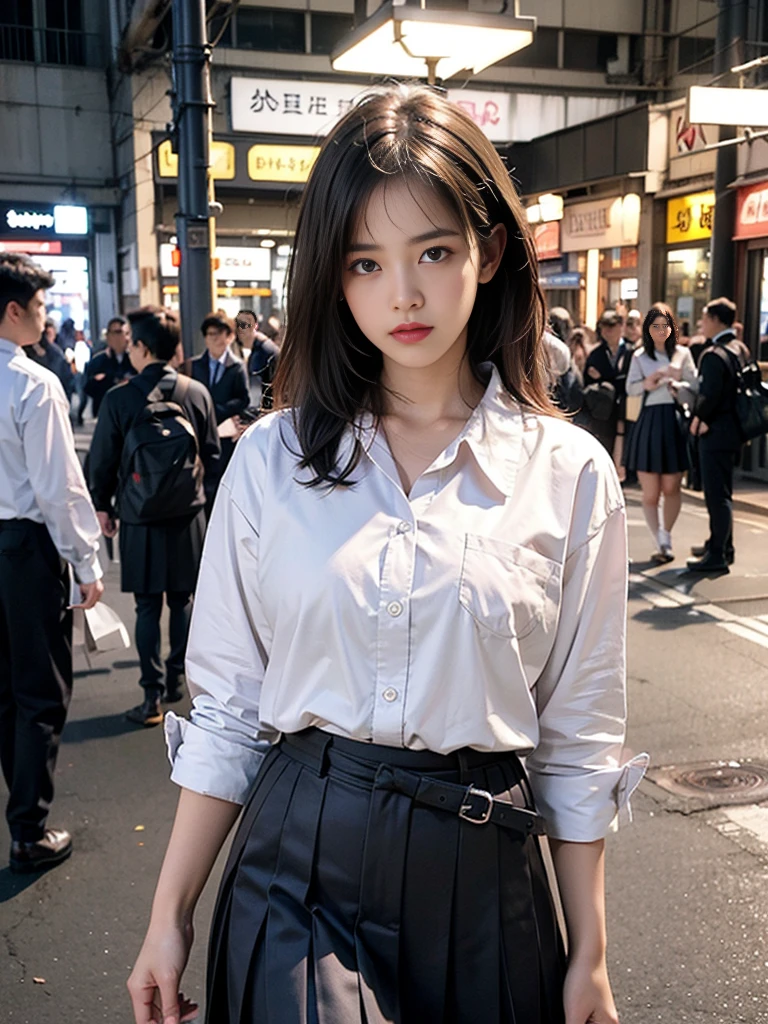 ((super high quality、High resolution、masterpiece、 Anatomically correct、Super detailed photos、Ultra-realistic photos、 Highest quality))、(2girs)、looking at viewer、Night cityscape、Uninhabited downtown、Walk over here、(cowboy shot)、(school uniform:1.2)、white formal shirt、((from front))、(huge breast)、Small waist、Detailed face、Perfect figure、Brown Hair、Medium Hair
