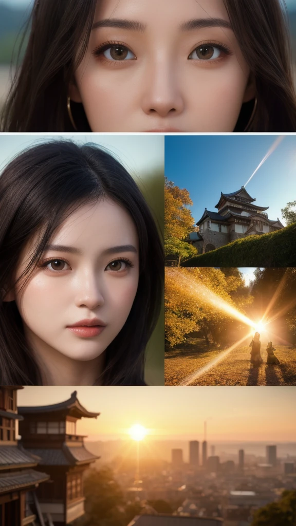(logo、masterpiece、8K、Tabletop、RAW Photos、wonderful、最high quality、Photorealistic and Very detailed CG integrated 8K wallpaper、high quality、Very detailed、narrative poem、particles effect、Dynamic Effects、Depth of written boundary、Cinematic Light、Lens flare、Ray Tracing)、Fantasy、 (1 beauty、Female Ninja、Kunoichi、Black-haired、Beautiful Face、True Face、Beautiful details、eye、Beautiful Skin)、wonderful景色、Morning Glow、Sun in the background、Japanese Castles、
