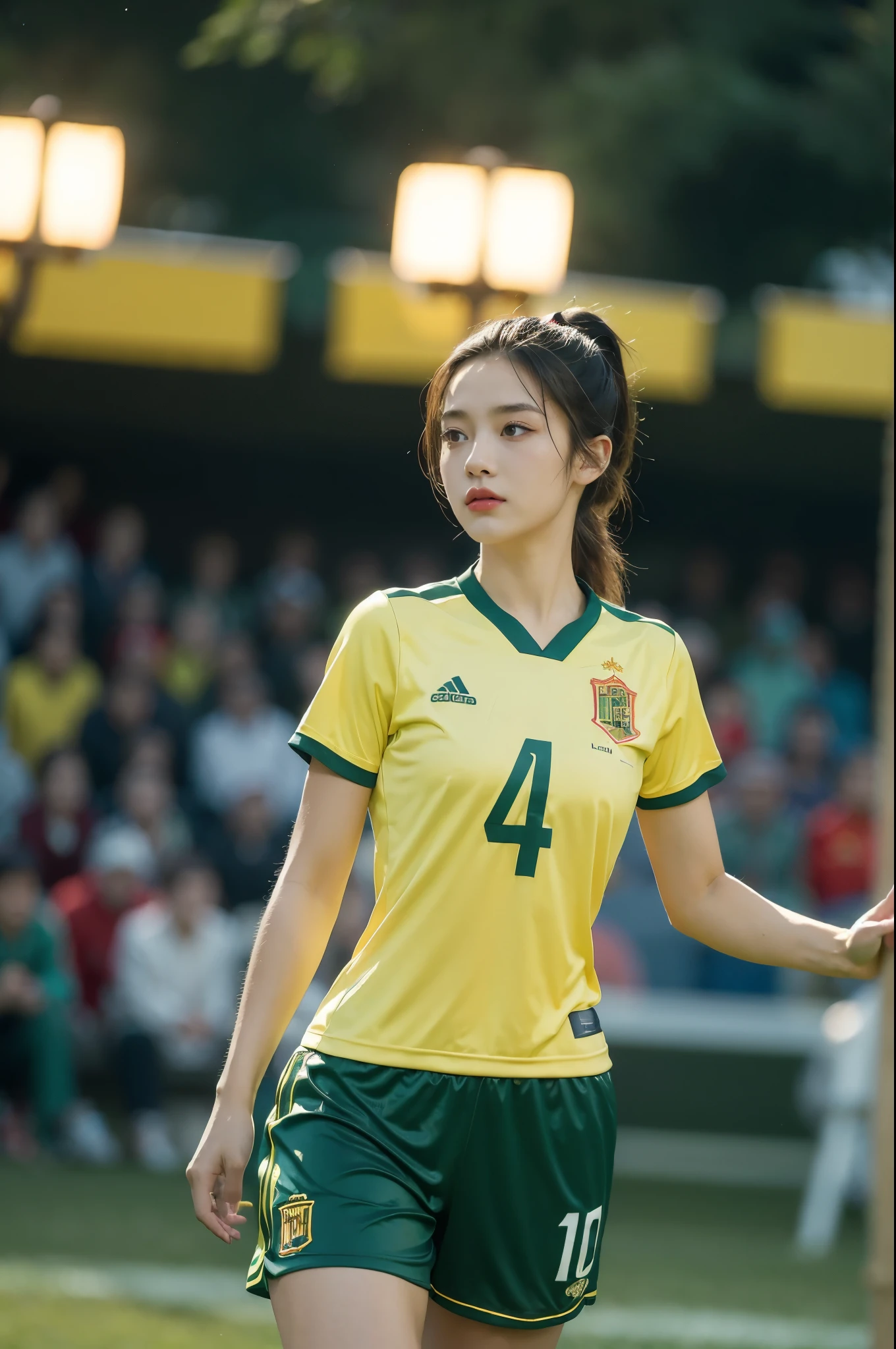 (((best quality))),(((ultra detailed))),(((masterpiece))),illustration,1girl,soccer player,summer night,Spanish team football uniform,short ponytail,determination,focus,green grass,toned body,confidence,eyes on the ball,strong body,red and yellow colors,team emblem,short ponytail,femininity,flushed face,sweat,large sports field,spectators,cheers,whistles,floodlights,warm glow,illuminated move,vibrant environment,beauty strength women in sports, inspiring,embrace passion,pursue dreams