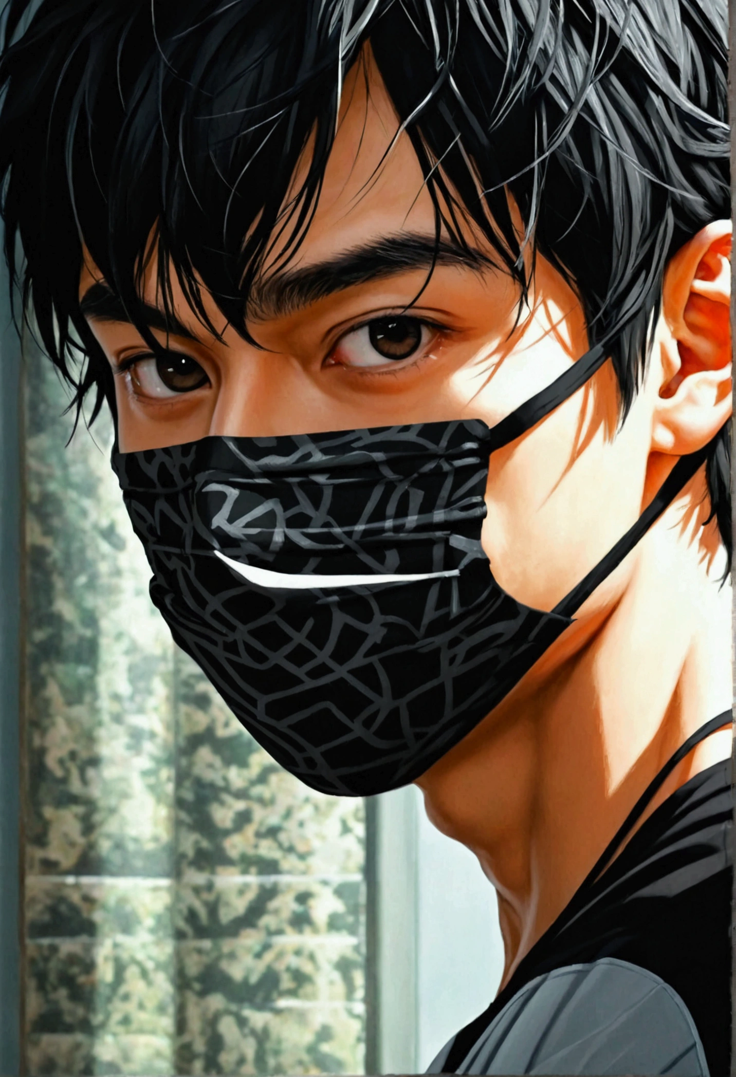 young man with japanese face asian,Big eyes,Sharp eyebrows ,8K images,realistically,Wear a tight sports t-shirt.,Have muscles,Wear a black mask to cover your face.