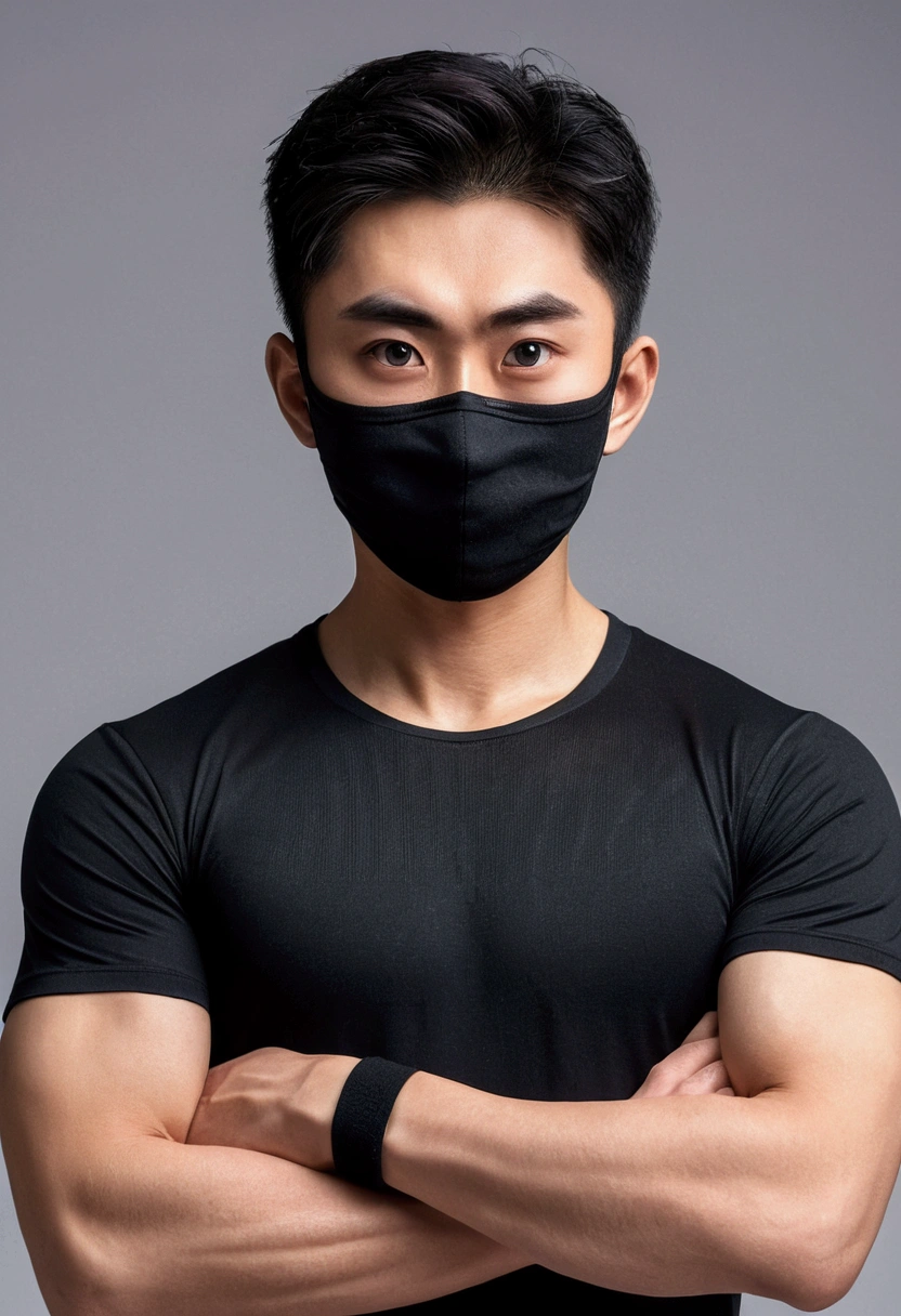 young man with japanese face asian,Big eyes,Sharp eyebrows ,8K images,realistically,Wear a tight sports t-shirt.,Have muscles,Wear a black mask to cover your face.