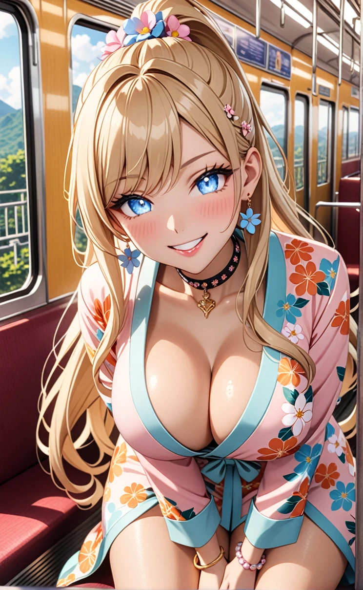ultra-detailed, ((one girl)), in pastel colors gyaru, (heavy makeup),  hyper detailed, absurdres, 8K, Beautiful Face, (Laugh shyly), ((teasing smile:1.8)), ((Wink:1.5)), (Laugh with your mouth wide open),((Tilt your face:1.6)), View your viewers, ((full-face blushed:1.6)),Glossy Red Lips, (tan skin:1.5), ((:1.5)), ((show off breast)), (ssing)),  no train, (Brighten your face), ((Anime style background)),masterpiece, Highest quality, so beautiful,Latest, Complex details, (Pink long nails), (nail art), (ring),(bracelet), (Floral Choker),AI-generated, Complex,High resolution, Highest quality, super high quality,3D Images、3D Images,One person, (Blonde long hair), (High Ponytail), (wavy hair:1.3), Pastel anime woman posing for a photo, ((Fine grain、blue eyes、glowing eyes:1.4)), (Squint your eyes:1.1),a hyperRealistic , hyperRealistic , Realistic,Long blonde anime woman, Smooth anime CG art, A girl in a gorgeous pastel-colored kimono, ((Pastel colored long sleeve kimono)),(Pink large floral pattern), Long flower hair ornament,Floral Earrings,Mature Body, tall, Tight waSit in the seat)), ((leaning forward:1.6)),  ((hand between legs:1.5)), (front view), (from above),