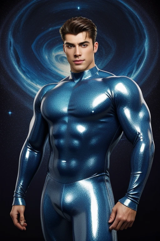 Quarter body 3D image of a strong and handsome hunky Astro, surrealistic face and eyes, wearing blue and silver swirls and twirls filigree shiny latex spandex, hands holding a shining jewel, the hero face is depicted extremely clearly in every detail, studio is the background , masterpiece, full hd, best resolution, taken by Canon super marco lens, artistic masterpiece, UHD, 8K."