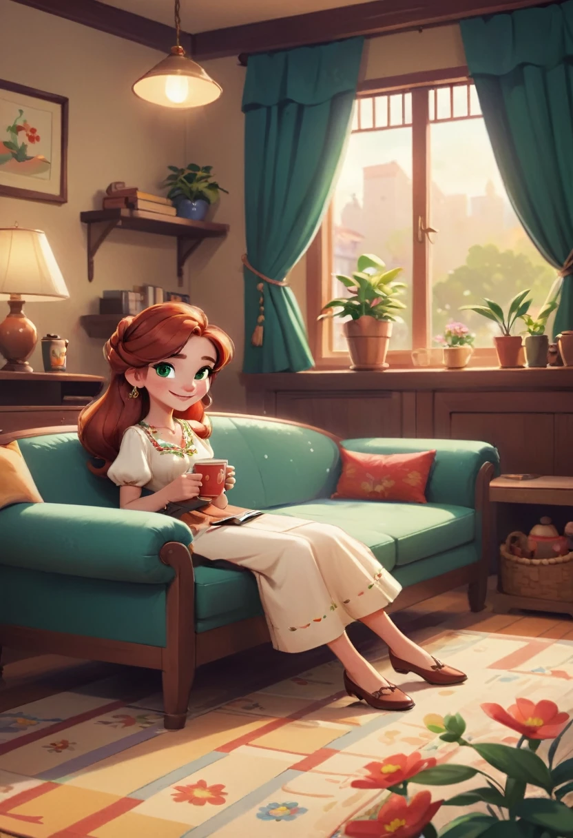 Concept Art,character illustration of a,European and American cartoons,(whole body:1.5),Mid-Long View,carpet,(Looking at the camera),shoe,一个20岁的金发女生happy的sit在living room,Holding a cup of coffee,happy,A laid-back expression,Relax,Leisure,European and American cartoons,1 Girl,freckle,Solitary,Jewelry,Green Eyes,Weaving,earrings,twin Weavings,necklace,Looking at the audience,Red hair,plant,Puff sleeves,bracelet,Smile,Long hair,puffy short sleeve,Necklace,dress,flower,Coffee cup,Gloves,earrings,Jewelry,肘部Gloves,cup,sit,sofa,window,sofa,living room,solo,Looking at the camera,Look at the audience,