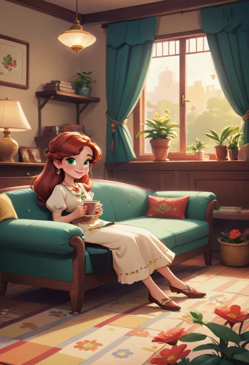 Concept Art,character illustration of a,European and American cartoons,(whole body:1.5),Mid-Long View,carpet,(Looking at the camera),shoe,一个20岁的金发女生happy的sit在living room,Holding a cup of coffee,happy,A laid-back expression,Relax,Leisure,European and American cartoons,1 Girl,freckle,Solitary,Jewelry,Green Eyes,Weaving,earrings,twin Weavings,necklace,Looking at the audience,Red hair,plant,Puff sleeves,bracelet,Smile,Long hair,puffy short sleeve,Necklace,dress,flower,Coffee cup,Gloves,earrings,Jewelry,肘部Gloves,cup,sit,sofa,window,sofa,living room,solo,Looking at the camera,Look at the audience,