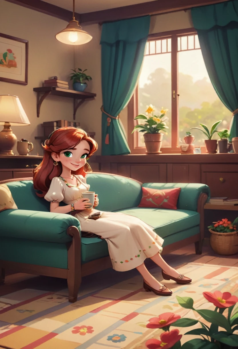 Concept Art,character illustration of a,European and American cartoons,（whole body：1.5），Mid-Long View，carpet，（Looking at the camera），shoe，一个20岁的金发女生happy的sit在living room，Holding a cup of coffee，happy，A laid-back expression，Relax，Leisure，European and American cartoons，1 Girl,freckle,Solitary,Jewelry,Green Eyes,Weaving,earrings,twin Weavings,necklace,Looking at the audience,Red hair,plant,Puff sleeves,bracelet,Smile,Long hair,puffy short sleeve,Necklace,dress,flower,Coffee cup,Gloves,earrings,Jewelry,肘部Gloves,cup,sit,sofa,window,sofa，living room，solo,Looking at the camera，Look at the audience，
