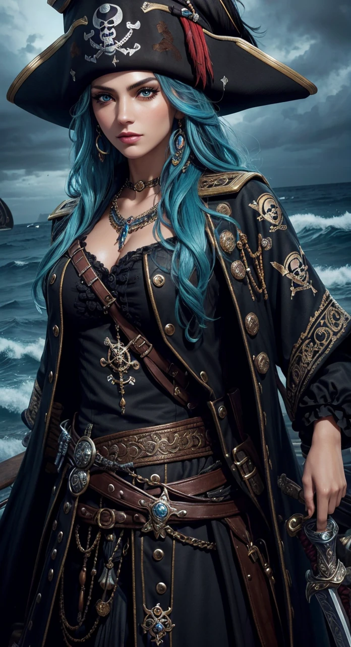beautiful female pirate with hat, pirate captain, detailed face, beautiful eyes, full lips, long eyelashes, ornate pirate hat, feather in hat, intricate pirate outfit, embroidered coat, shiny jewelry, holding sword, stormy sea background, dramatic lighting, cinematic, vibrant colors, highly detailed, photorealistic