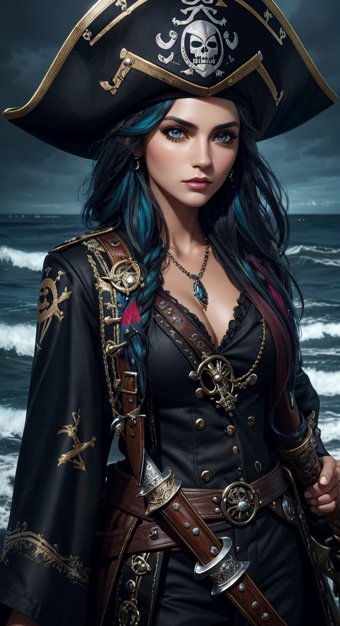 beautiful female pirate with hat, pirate captain, detailed face, beautiful eyes, full lips, long eyelashes, ornate pirate hat, feather in hat, intricate pirate outfit, embroidered coat, shiny jewelry, holding sword, stormy sea background, dramatic lighting, cinematic, vibrant colors, highly detailed, photorealistic