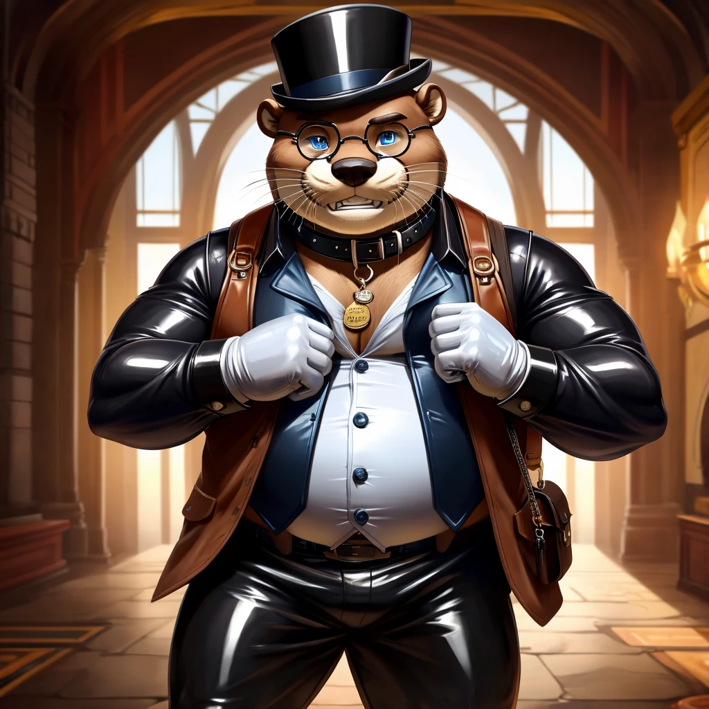 Solo, Male, fat, extremely obese, gentleman, dapper Professor Otter, blue eyes, (posing:1.3), (soft shading), 4k, hi res, ((detailed face, detailed)), looking at viewer, evil grin, steampunk, collared shirt with buttons, top hat, male focus, Explorer Outfit, glasses, monocle, bag, vest with buttons, backpack, sleeves rolled up, round eyewear, brown headwear, brown vest, Otter is wearing a glossy leather dog collar around the neck, Otter is wearing the leather collar and shirt and vest at the same time, Otter is wearing glossy white rubber gloves on the hands, wearing white rubber gloves on the feet, Otter is wearing glossy white cuffs around the wrists with cufflinks, gloves are rubber in texture, clenching teeth, clenching fists, leather collar is glossy and shiny with a lot of detail, Otter is wearing gloves and cuffs and cufflinks at the same time, leather collar has a round dog-tag, leather collar is thick and detailed.