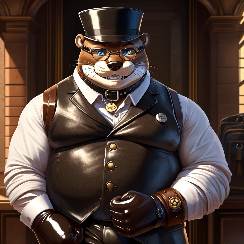 Solo, Male, fat, extremely obese, gentleman, dapper Professor Otter, blue eyes, (posing:1.3), (soft shading), 4k, hi res, ((detailed face, detailed)), looking at viewer, evil grin, steampunk, collared shirt with buttons, top hat, male focus, Explorer Outfit, glasses, monocle, bag, vest with buttons, backpack, sleeves rolled up, round eyewear, brown headwear, brown vest, Otter is wearing a glossy leather dog collar around the neck, Otter is wearing the leather collar and shirt and vest at the same time, Otter is wearing glossy white rubber gloves on the hands, wearing white rubber gloves on the feet, Otter is wearing glossy white cuffs around the wrists with cufflinks, gloves are rubber in texture, clenching teeth, clenching fists, leather collar is glossy and shiny with a lot of detail, Otter is wearing gloves and cuffs and cufflinks at the same time, leather collar has a round dog-tag, leather collar is thick and detailed.