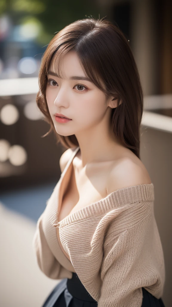 finely detail, hight resolution, hightquality、Perfect dynamic composition, Beautiful detailed eyes, Medium Hair, 、Natural Color Lip,Kamimei、Shibuya、20 years girl、1 persons、Transparent skin、Glowing hair、masutepiece, Best Quality, Ultra-detailed, finely detail, hight resolution, 8K、The correct state of the human body、Gravure Model Pose,Photographed with hair fluttering in the wind,The whole body is reflected((nature cafe background)),((Colossal tits:1.3)),((I can see the cleavage:1.5,large off-shoulder knit sweater:1.5,My clothes are off and my shoulders are visible,Without shoulder straps,pleatedskirt)),((stretch your hands and lean forward,thigh visible)),((Angle looking down from above))