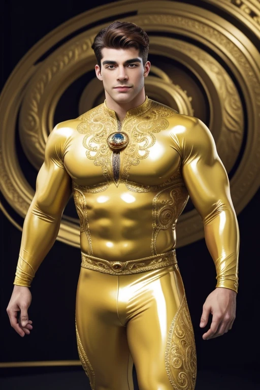 Quarter body 3D image of a strong and handsome hunky Astro, surrealistic face and eyes, wearing brown and yellow swirls and twirls filigree shiny latex spandex, hands holding a shining jewel, the hero face is depicted extremely clearly in every detail, studio is the background , masterpiece, full hd, best resolution, taken by Canon super marco lens, artistic masterpiece, UHD, 8K."