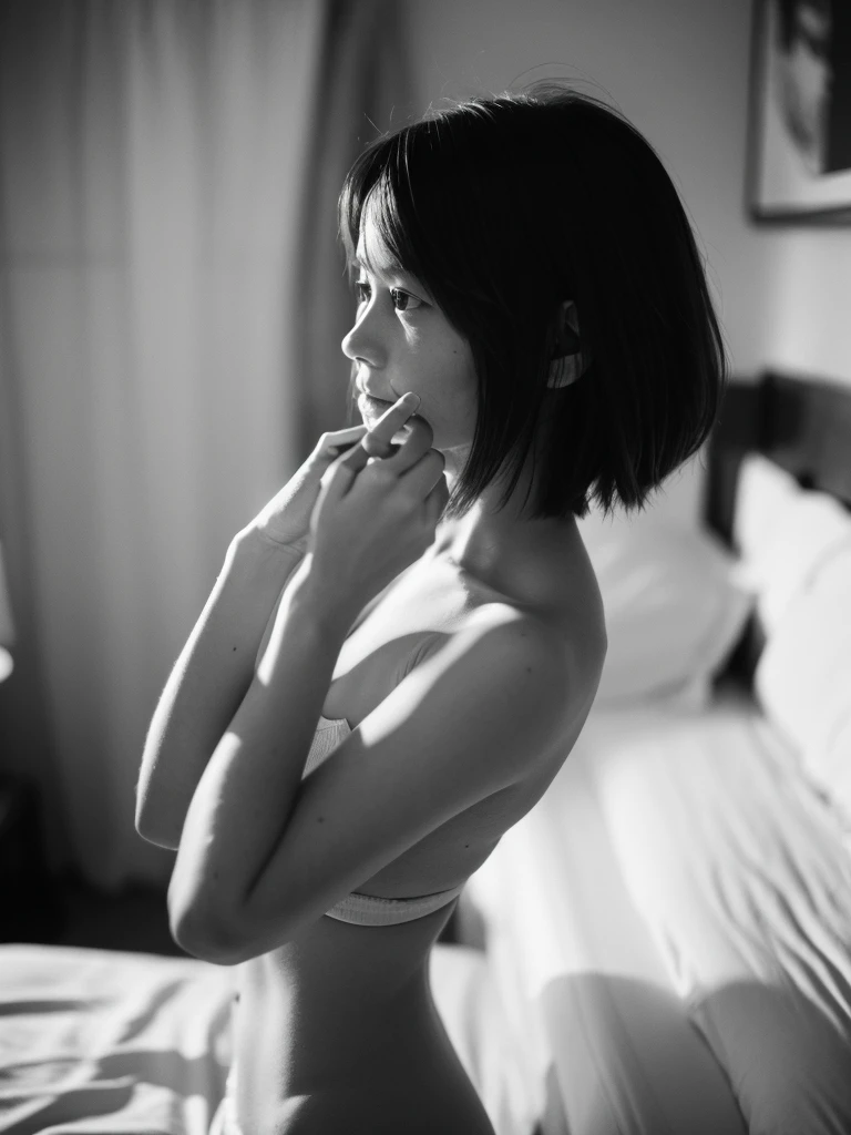 Leica Sumilux f1.4 50mm , old monochrome film , bokeh, flare, soft focus, Shallow focus , Nordic girl , (ugly:0.9) , looking away , on the bed , (healthy naked:0.6) , Hide with hand , My heart is beating fast