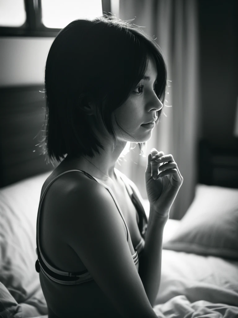 Leica Sumilux f1.4 50mm , old monochrome film , bokeh, flare, soft focus, Shallow focus , Nordic girl , (ugly:0.9) , looking away , on the bed , (healthy naked:0.6) , Hide with hand , My heart is beating fast