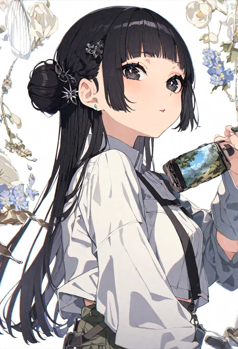 Super detailed,(Highest quality),((masterpiece)),(High resolution),original,Highly detailed 8k wallpaper,(Very delicate and beautiful),Highest_hand,anime,Black Hair,Long Hair,Neat bangs,Straight Hair,Bun Hair,流行のcute女の子,black eye,Black cap,黒い猫耳の形のスマホを片handに持っている,Black short-sleeved clothing,White trousers,cargo pants,cool,Stylish,流行のStylish,cute,Upper body only,Beautiful pupils,One Girl,Only 1 person,White background