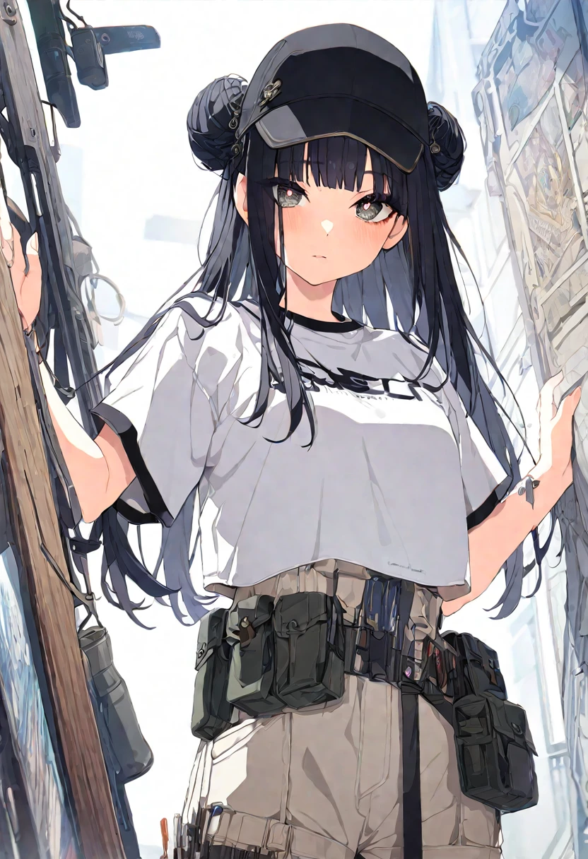 Super detailed,(Highest quality),((masterpiece)),(High resolution),original,Highly detailed 8k wallpaper,(Very delicate and beautiful),Highest_hand,anime,Black Hair,Long Hair,Neat bangs,Straight Hair,Bun Hair,流行のcute女の子,black eye,Black cap,黒い猫耳の形のスマホを片handに持っている,Black short-sleeved clothing,White trousers,cargo pants,cool,Stylish,流行のStylish,cute,Upper body only,Beautiful pupils,One Girl,Only 1 person,White background