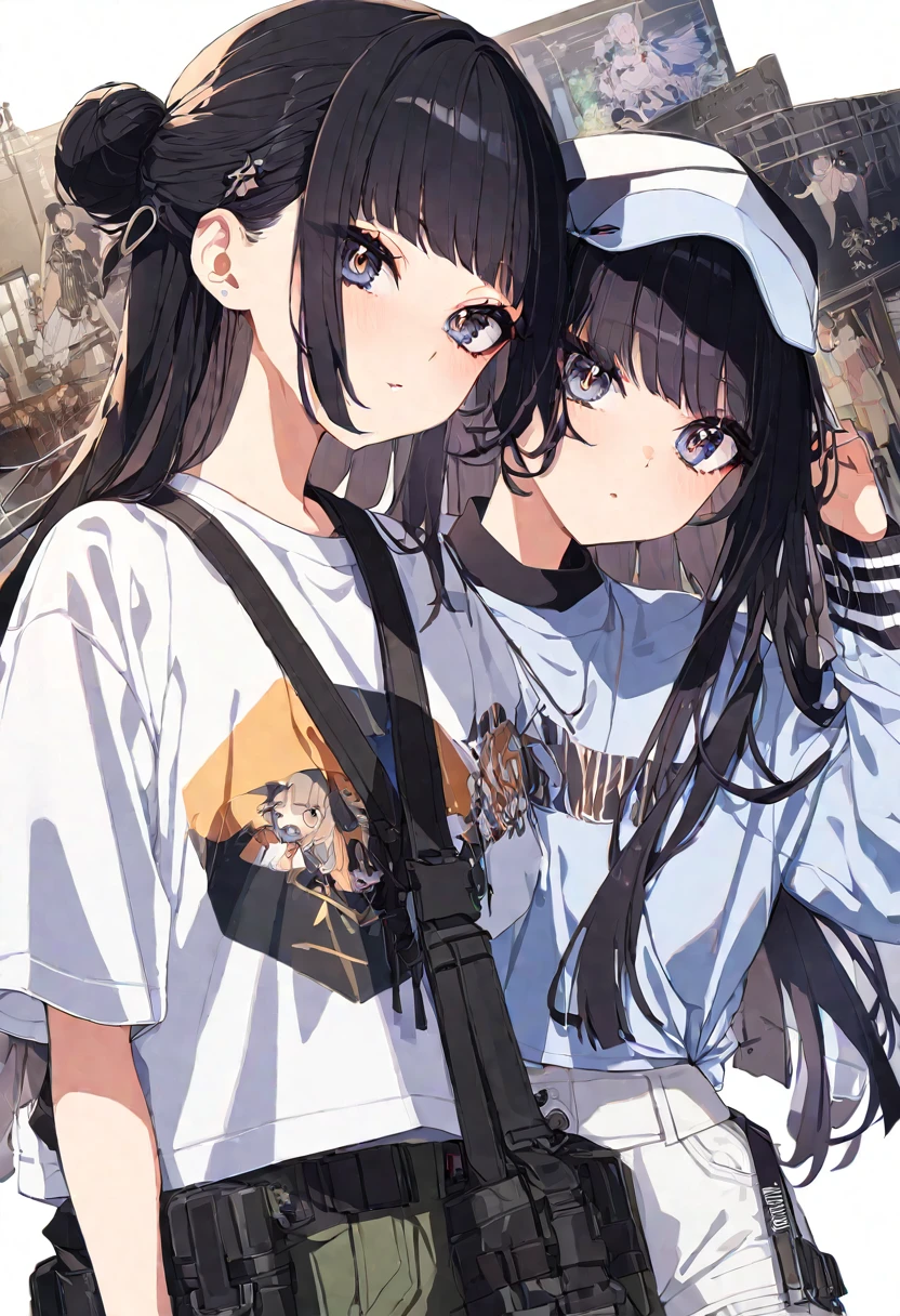 Super detailed,(Highest quality),((masterpiece)),(High resolution),original,Highly detailed 8k wallpaper,(Very delicate and beautiful),Highest_hand,anime,Black Hair,Long Hair,Neat bangs,Straight Hair,Bun Hair,流行のcute女の子,black eye,Black cap,黒い猫耳の形のスマホを片handに持っている,Black short-sleeved clothing,White trousers,cargo pants,cool,Stylish,流行のStylish,cute,Upper body only,Beautiful pupils,One Girl,Only 1 person,White background