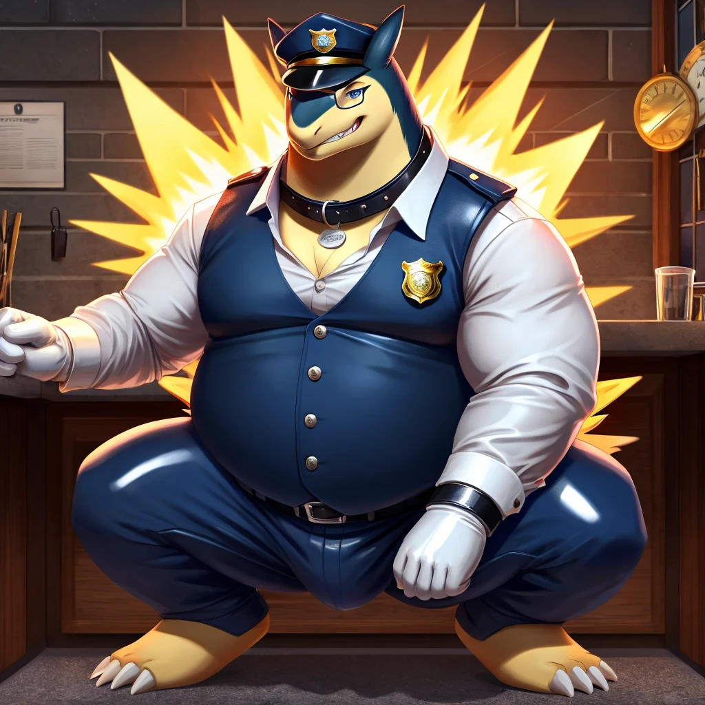 Solo, Male, fat, squatting, extremely obese, gentleman, dapper Typhlosion, blue eyes, (soft shading), 4k, hi res, ((detailed face, detailed)), looking at viewer, evil grin, police station, collared shirt with buttons, hat, male focus, Police Uniform, glasses, monocle, vest with buttons, sleeves rolled up, round eyewear, headwear, vest, Typhlosion is wearing a glossy leather dog collar around the neck, Typhlosion is wearing the leather collar and shirt and vest at the same time, Typhlosion is wearing glossy white rubber gloves on the hands, wearing white rubber gloves on the feet, Typhlosion is wearing glossy white cuffs around the wrists with cufflinks, gloves are rubber in texture, clenching teeth, clenching fists, leather collar is glossy and shiny with a lot of detail, Typhlosion is wearing gloves and cuffs and cufflinks at the same time, leather collar has a round dog-tag, leather collar is thick and detailed, white rubber gloves on the feet.