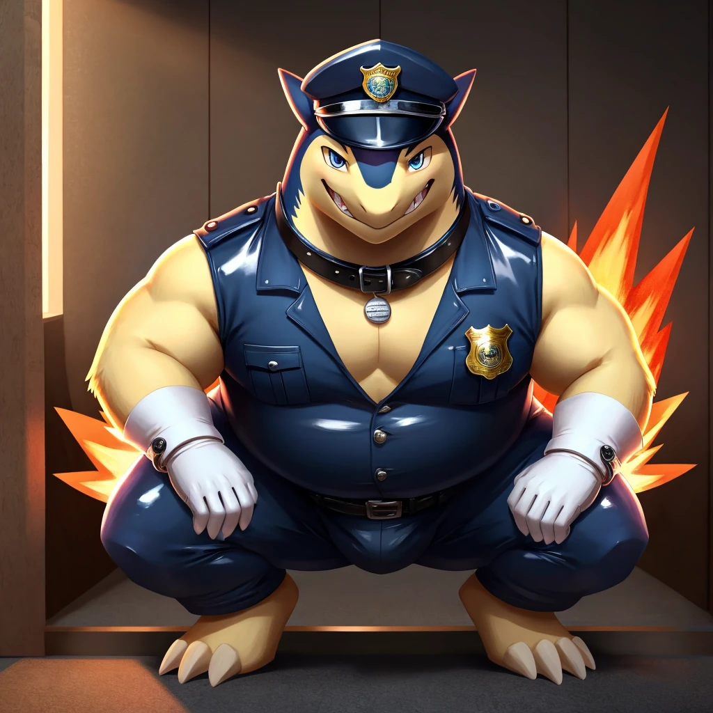 Solo, Male, fat, squatting, extremely obese, gentleman, dapper Typhlosion, blue eyes, (soft shading), 4k, hi res, ((detailed face, detailed)), looking at viewer, evil grin, police station, collared shirt with buttons, hat, male focus, Police Uniform, glasses, monocle, vest with buttons, sleeves rolled up, round eyewear, headwear, vest, Typhlosion is wearing a glossy leather dog collar around the neck, Typhlosion is wearing the leather collar and shirt and vest at the same time, Typhlosion is wearing glossy white rubber gloves on the hands, wearing white rubber gloves on the feet, Typhlosion is wearing glossy white cuffs around the wrists with cufflinks, gloves are rubber in texture, clenching teeth, clenching fists, leather collar is glossy and shiny with a lot of detail, Typhlosion is wearing gloves and cuffs and cufflinks at the same time, leather collar has a round dog-tag, leather collar is thick and detailed, white rubber gloves on the feet.