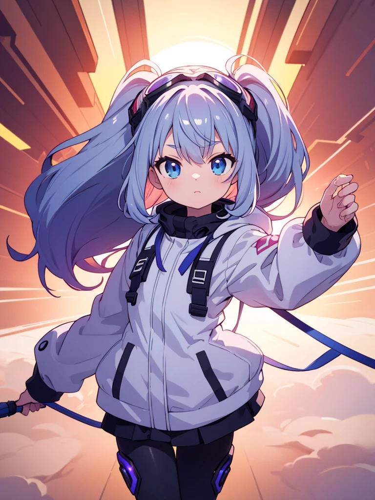 masterpiece, Best image quality, Extreme clarity, Curly ponytail anime girl,  figure, White functional coat, small, Blue-purple gradient ski goggles, cyber punk, Gray Hair, Natural casual style, Dynamic Stance, Golden Ratio, Large aperture portrait, Cool Tones, strong visual impact, blank, Light and shadow contrast, Super Texture, Afterglow of the Sunset, Extremely clear images, Simple picture