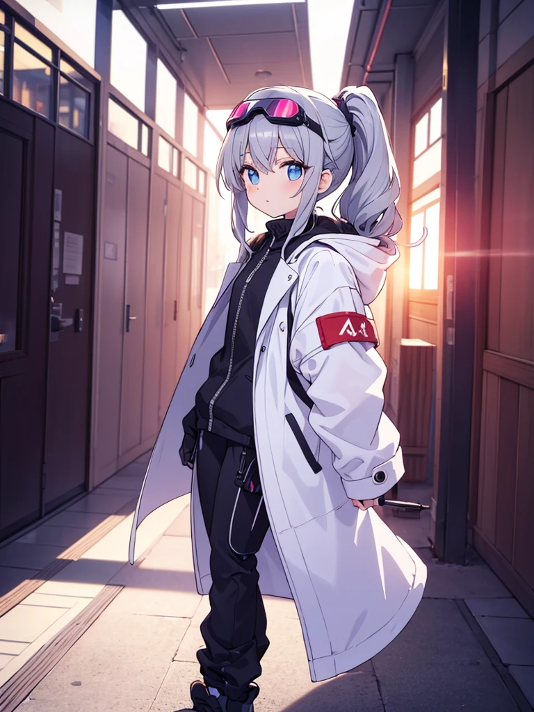 masterpiece, Best image quality, Extreme clarity, Curly ponytail anime girl, figure, White functional coat, small, Blue-purple gradient ski goggles, cyber punk, Gray Hair, Natural casual style, Dynamic Stance, Golden Ratio, Large aperture portrait, Cool Tones, strong visual impact, blank, Light and shadow contrast, Super Texture, Afterglow of the Sunset, Extremely clear images, Simple picture