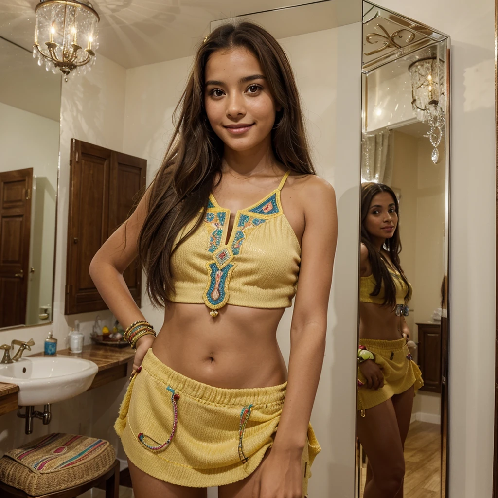 Une jeune femme colombienne se prend en selfie dans un miroir. She has long brown hair, brown eyes and a radiant smile. Elle porte un haut coloré typique de la Colombie et des bijoux traditionnels. The background decor shows a warm and welcoming interior with Colombian decorative elements.