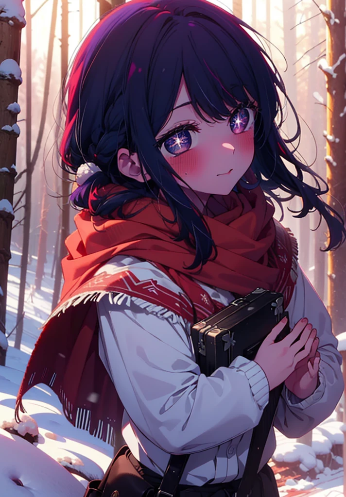aihoshino, Ai Hoshino, Long Hair, bangs, (Purple eyes:1.1), Purple Hair, (Symbol-shaped pupil:1.5), smile,,smile,blush,White Breath,
Open your mouth,snow,Ground bonfire, Outdoor, boots, snowing, From the side, wood, suitcase, Cape, Blurred, , forest, White handbag, nature, Squat, Mouth closed, Cape, winter, Written boundary depth, Black shoes, red Cape break looking at viewer, Upper Body, whole body, break Outdoor, forest, nature, break (masterpiece:1.2), Highest quality, High resolution, unity 8k wallpaper, (shape:0.8), (Beautiful and beautiful eyes:1.6), Highly detailed face, Perfect lighting, Extremely detailed CG, (Perfect hands, Perfect Anatomy),