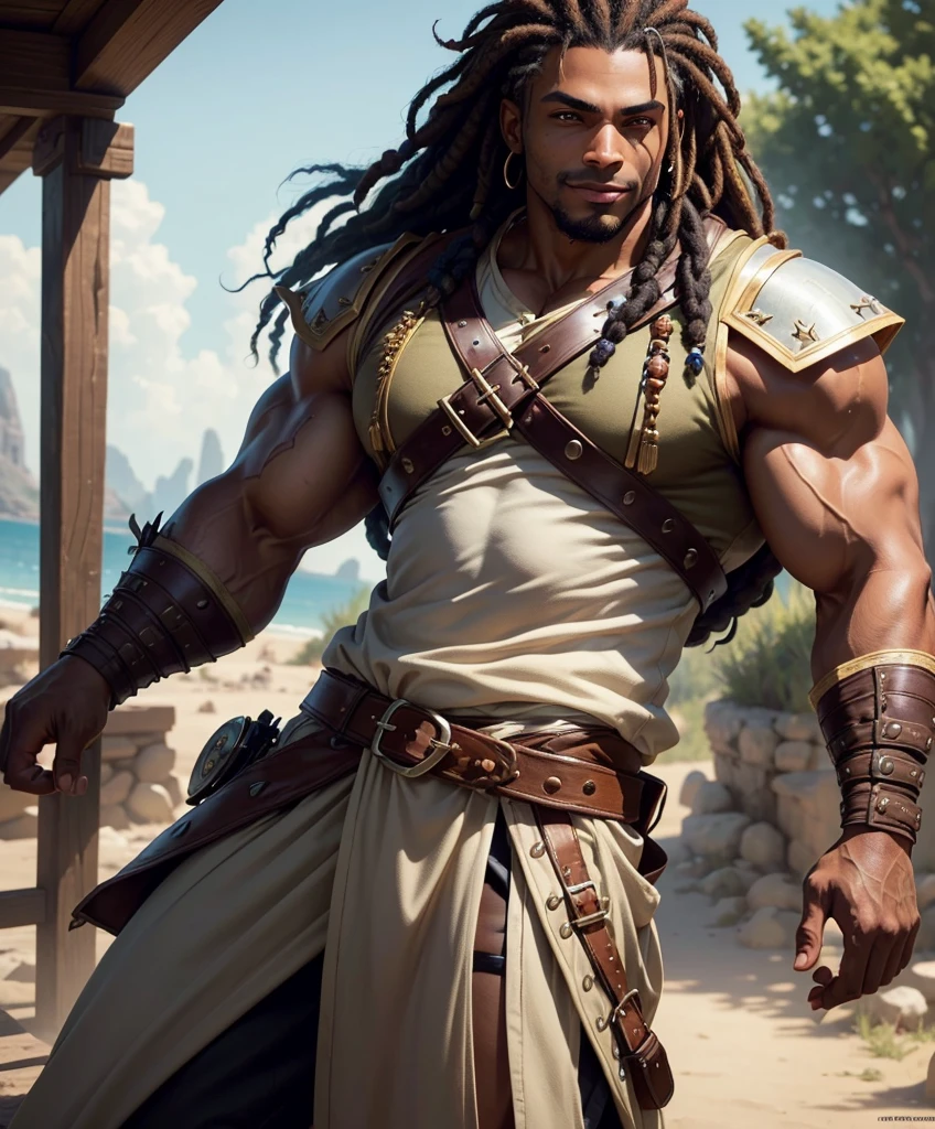 (((Single character image.))) (((1boy))) (((Dressed in medieval fantasy attire.))) (((Shoulder length hair in dreadlocks))) (((Dark clothing.))) (((African American male.))) (((Dark skin tone.))) (((He looks like a sexy hunk thug.))) (((Thug male.))) (((Bodybuilder thug.))) This is a dashing male adventurer in a high fantasy setting.((front view)) (full body), (((muscular male, bodybuilder))), , (((Sexy smirk.))) thick epic, heroic, tanned, perfect face, (detailed facial features), cute smile, outdoor setting, highly detailed, volumetric light, artstation, strong erotic overtones, dressed in a puffy shirt and pirate vest flirty, best quality:1.0,hyperealistic:1.0,photorealistic:1.0,madly detailed CG unity 8k wallpaper:1.0,masterpiece:1.3,madly detailed photo:1.2, hyper-realistic lifelike texture:1.4, picture-perfect:1.0,8k, HQ,best quality:1.0,