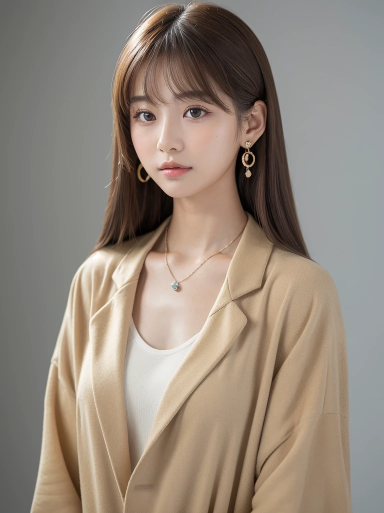 ((Highest quality, 8K, masterpiece:1.3)), concentrated: 1.2, Perfect Body Beauty: 1.4, Hip: 1.2, ((Long Hair, chest: 1.2)), (Dry clothes: 1.1) , (clear, Simple Background:1.3), Simple clothes: 1.1, Highly detailed face and skin texture,Delicate eyes, double eyelid, White skin, Rough skin、Long Hair、Bangs with earrings、necklace、 alone、Beige coat、White shirt, (((Cute Japanese Girl)))、 ((Beautiful Japanese woman 20 years old))、 ((Baby Face))、 (((Slender body)))、 Upper Body,Face Focus、necklace,Simple Background,From above, Realistic Hair、 The photo was taken:Canon EOS R6、135mm、1/1250 seconds、F2.8、ISO400、(Detailed description of the hand)、(Masseter region)、(Exquisite CGI)、Long Hair, loose and curly hair、Korean Hair、Long Hair明るいベージュ色、グラデーションハイライトグレージュのゆるふわLong Hairスタイル、