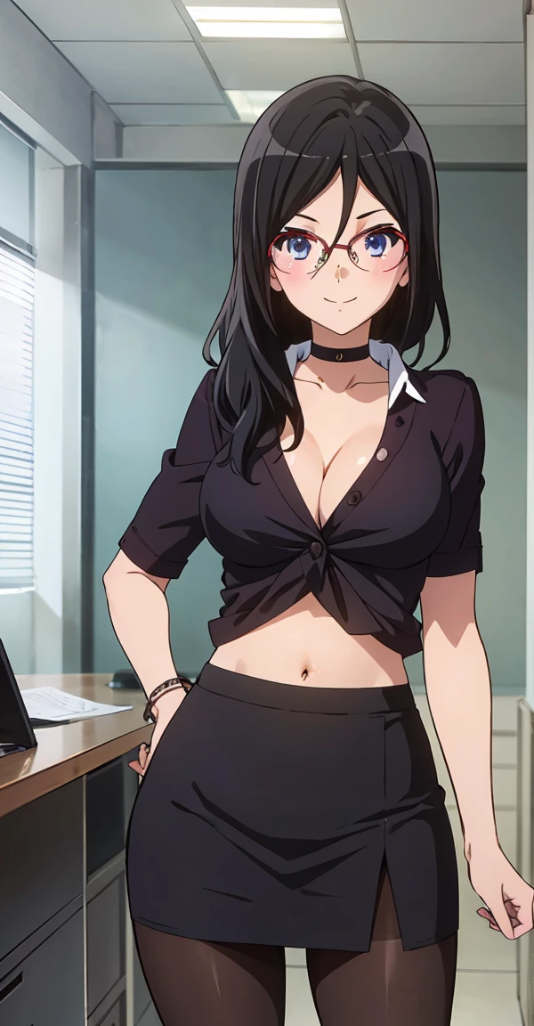 solo, 1girl, looking at viewer, sketch, flat colors, 2D, anime, anime coloring , asuka tanaka, large breast, long hair, black hair , mature woman, 20y, purple eyes, beautiful eyes, detailed eyes, thick_thighs, shirt, skirt, pencil skirt, office, office lady, short skirt, blush, smile, choker, navel, cleavage, short shirt, pantyhose 