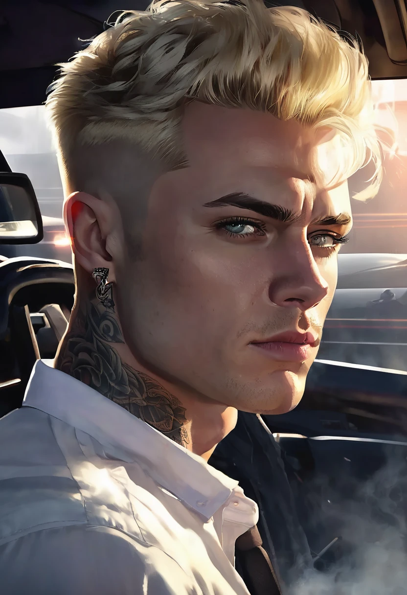 1 man, inside a clandestine car racing track, wearing a white shirt, detailed facial features, beautiful clear and masculine eyes, detailed light skin, short blonde hair, strong expression, tattoos on the body, dramatic lighting, cinematic composition, color palette cold and dark colors, atmospheric fog, strong chin, manly man, night,(best quality, 4K, 8K, high resolution, art: 1.2), ultra-detailed, (realistic, photorealistic, photorealistic: 1.37)