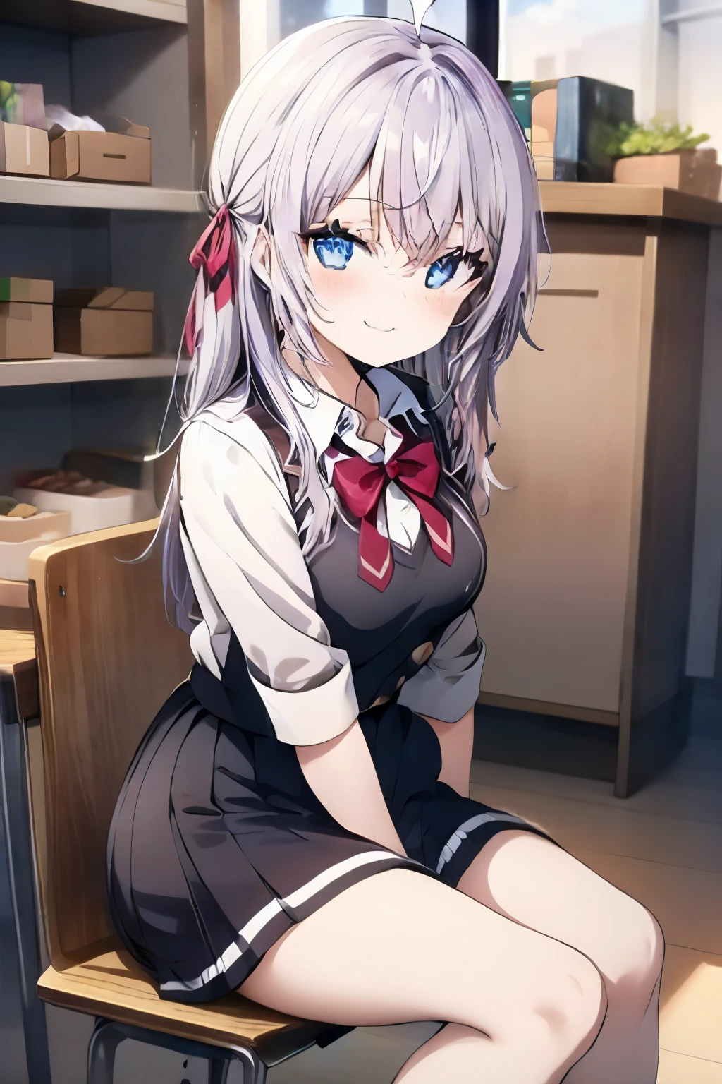 Alisa Mikhailovna Kujo、Silver Hair、blue eyes、uniform、Ahoge、Beautiful feet、girl、At school、Small breasts、girl、Small breasts、Bright smile、Looks about 15 years old、Petan Musume、He is short