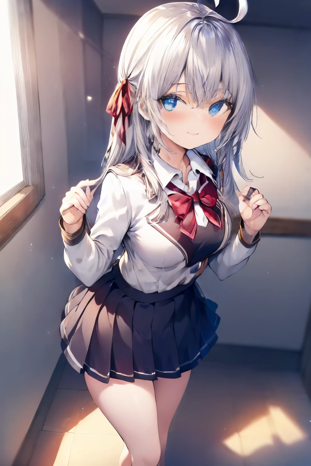 Alisa Mikhailovna Kujo、Silver Hair、blue eyes、uniform、Ahoge、Beautiful feet、girl、At school、Small breasts、girl、Small breasts、Bright smile、Looks about 15 years old、Petan Musume、He is short