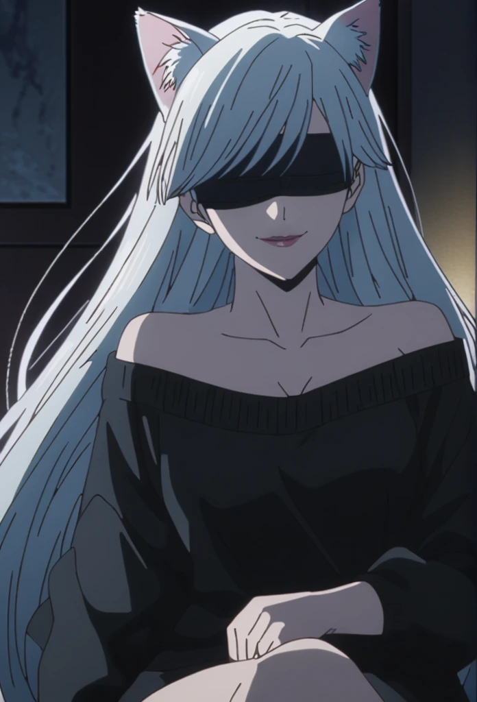 1girl, female gojo satoru, anime screencap from jujutsu kaisen, gojo satoru female version, solo, very long_hair, ((smooth texture hair)) ((black blindfold)), ((very long white_hair)) ((cat ears)) night view, breasts, upper_body, smile, indoors, book, bangs, lips (( very long hair, swept bangs)) wearing black color sweater off the shoulder, breast, "very detailed and high resolution" (black blindfold) ((one hand on the chin)) ((smooth texture hair)) ((solo)) ((high resolution)) ((upper body)) (Good quality) cleavage, (sitting) (cat ears)