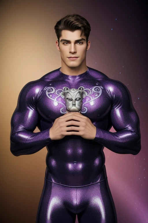 Quarter body 3D image of a strong and handsome hunky Astro, surrealistic face and eyes, wearing Violet and silver swirls and twirls filigree shiny latex spandex, hands holding a shining jewel, the hero face is depicted extremely clearly in every detail, studio is the background , masterpiece, full hd, best resolution, taken by Canon super marco lens, artistic masterpiece, UHD, 8K."