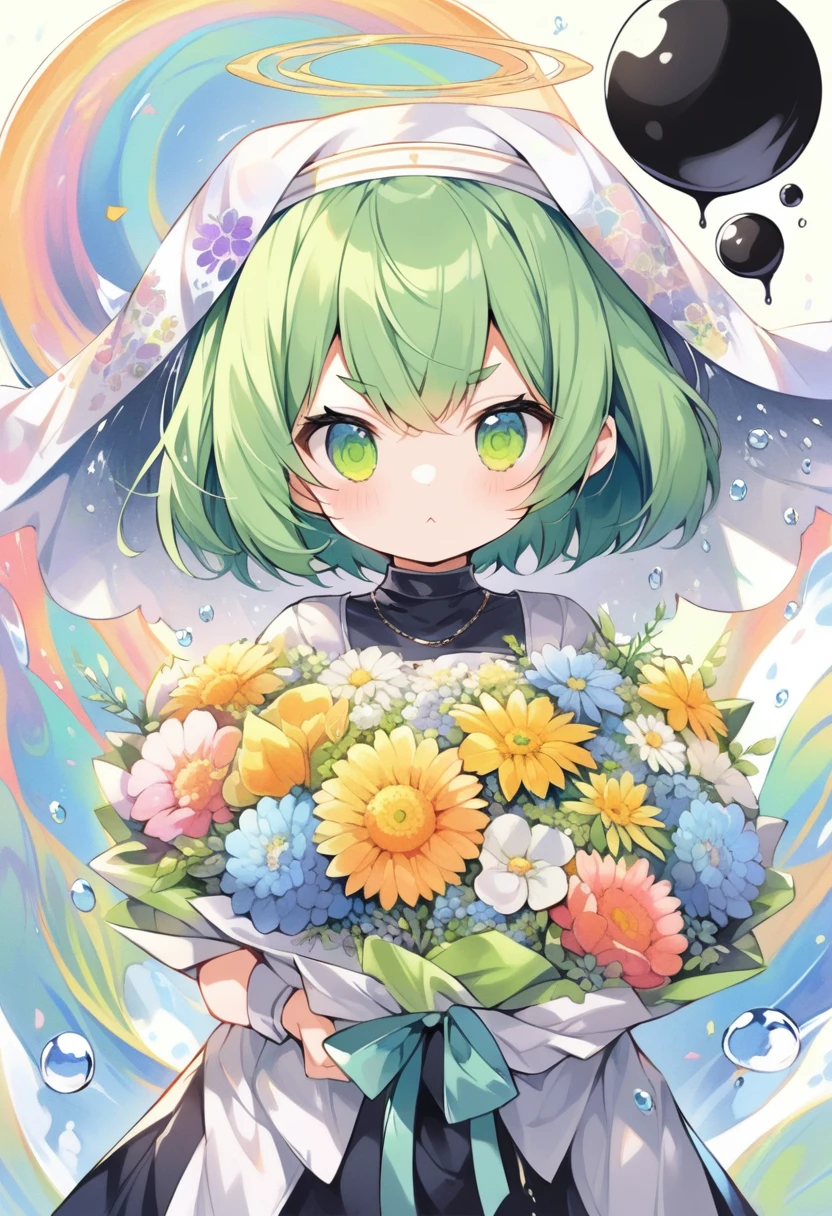 (loli:1.4),(little female child:1.4), cute face, 6 years old,kawaii, (highlight on eyes:1.1), small breast, (jiggly:0.8), shiny skin,(mini girl:1.5),
BREAK 
(green maro eyebrows:1.2), :<, (jitome:1.1),pouty and slightly grumpy,(medium green hair:1.3),pout,disgusted eyes, green eyes, puffy eyes,
BREAK
breathtalking Scenery, breathtalking Beauty, breathtalking Cute,scenery, (best quality, masterpiece:1.2), (ultra high quality:1.2),smooth soft skin, natural skin,watercolor,
BREAK
marbled patterns nun dress, (marbling botanical pattern veil),angel wings,angel halo,choker,nun,excessive detailed collarbone,
BREAK 
(marbling:1.5), marbled patterns,(swirling colors:1.2), abstract art, ink on water, floating water drops,water effect, ink,  zentangle,fractal,entangle,swirl,floral pattern,
BREAK
flower bouquet, (digits behind bouquet:1.3), (hands behind bouquet:1.3),
(holding bouquet:1.1), celebration, Congratulations,confetti, bloom effect,dynamicangle,pastelcolor,upturned eyes,