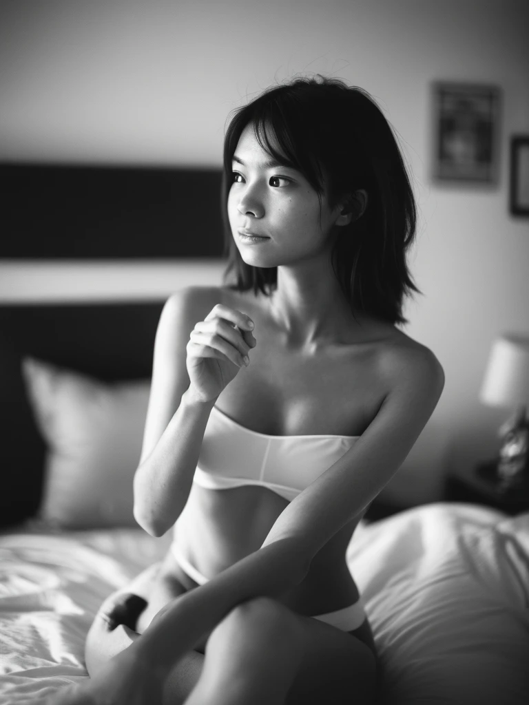 Leica Sumilux f1.4 50mm , old monochrome film , bokeh, flare, soft focus, Shallow focus , Nordic girl , (ugly:0.9) , looking away , on the bed , (healthy naked:0.6) , Hide with hand , My heart is beating fast