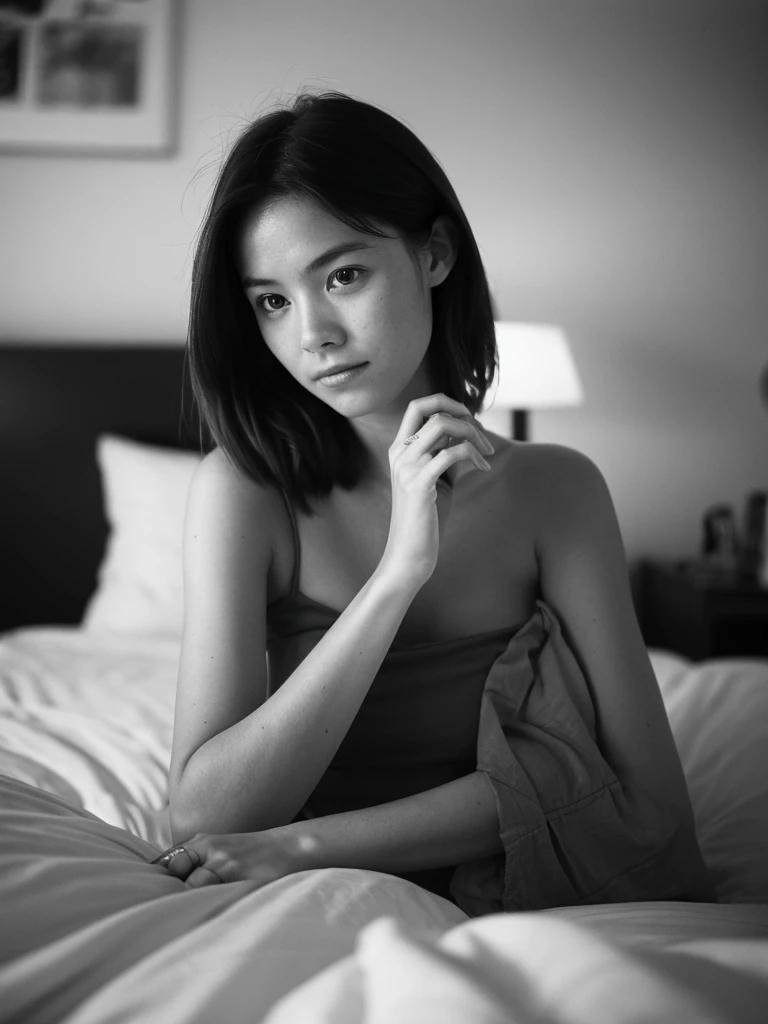 front view, skinny, medium shot, chinese woman, 35 years old, bob short hairstyle, black and white filter, cleavage, ultra detailed, sexy pose, in bed, realistic human body