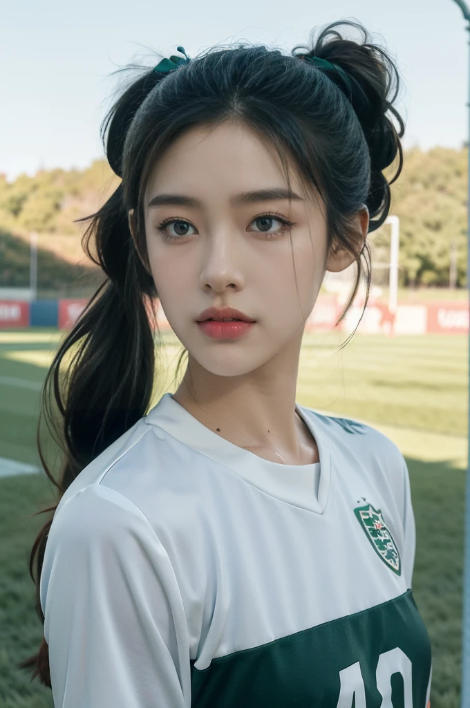 (((best quality))), (((ultra detailed))), (((masterpiece))), illustration,1girl, soccer player, summer night, green football field, short ponytail, England national team football kit, three lions emblem, determined eyes, flushed face, strong body, toned body, dedication to sport, stunning backdrop, deep blue sky, twinkling stars, cool air, grass and moisture scent, well-lit field, lush green grass, empty stands, flags and banners,, focus, joy, love for game, determination, grit, dedication, sacrifice, sports success.