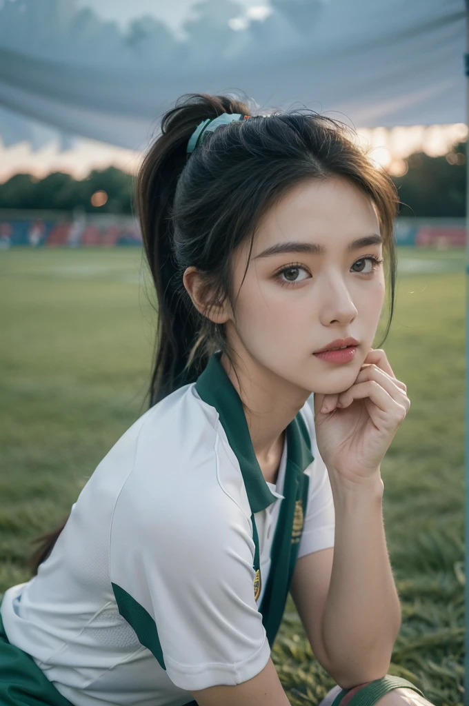 (((best quality))), (((ultra detailed))), (((masterpiece))), illustration,1girl, soccer player, summer night, green football field, short ponytail, England national team football kit, three lions emblem, determined eyes, flushed face, strong body, toned body, dedication to sport, stunning backdrop, deep blue sky, twinkling stars, cool air, grass and moisture scent, well-lit field, lush green grass, empty stands, flags and banners,, focus, joy, love for game, determination, grit, dedication, sacrifice, sports success.