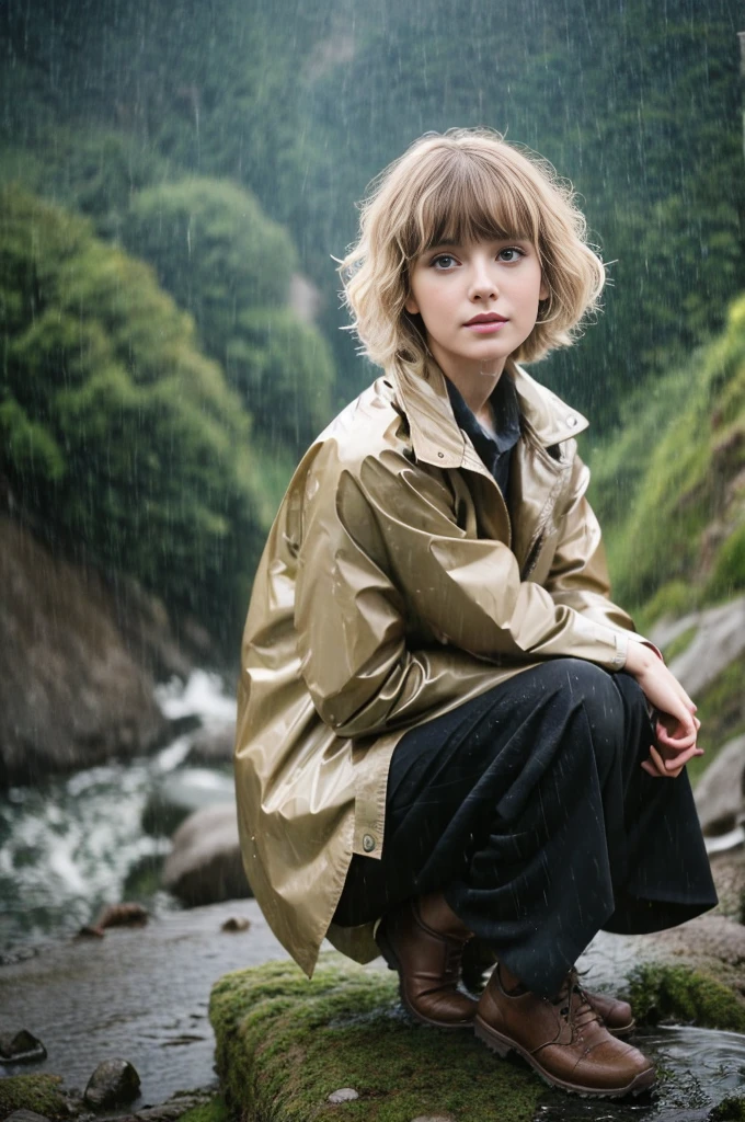 24year old beautiful girl、Half-Japanese beauty、Highest image quality、realistic、16K、beautiful woman、Very Short Hair、Pixie Cut、blondes、blondes、With bangs、Pretty slim、heavy rain、wet from heavy rain、Mountaineering、White Mountaineering服、Wet in the rain、Heavy Rain、My hair got wet in the heavy rain、In heavy rain、In the mountains、A look asking for a kiss、Shooting from the sky、Full body、Shooting from a distance、Sitting on a rocky ground