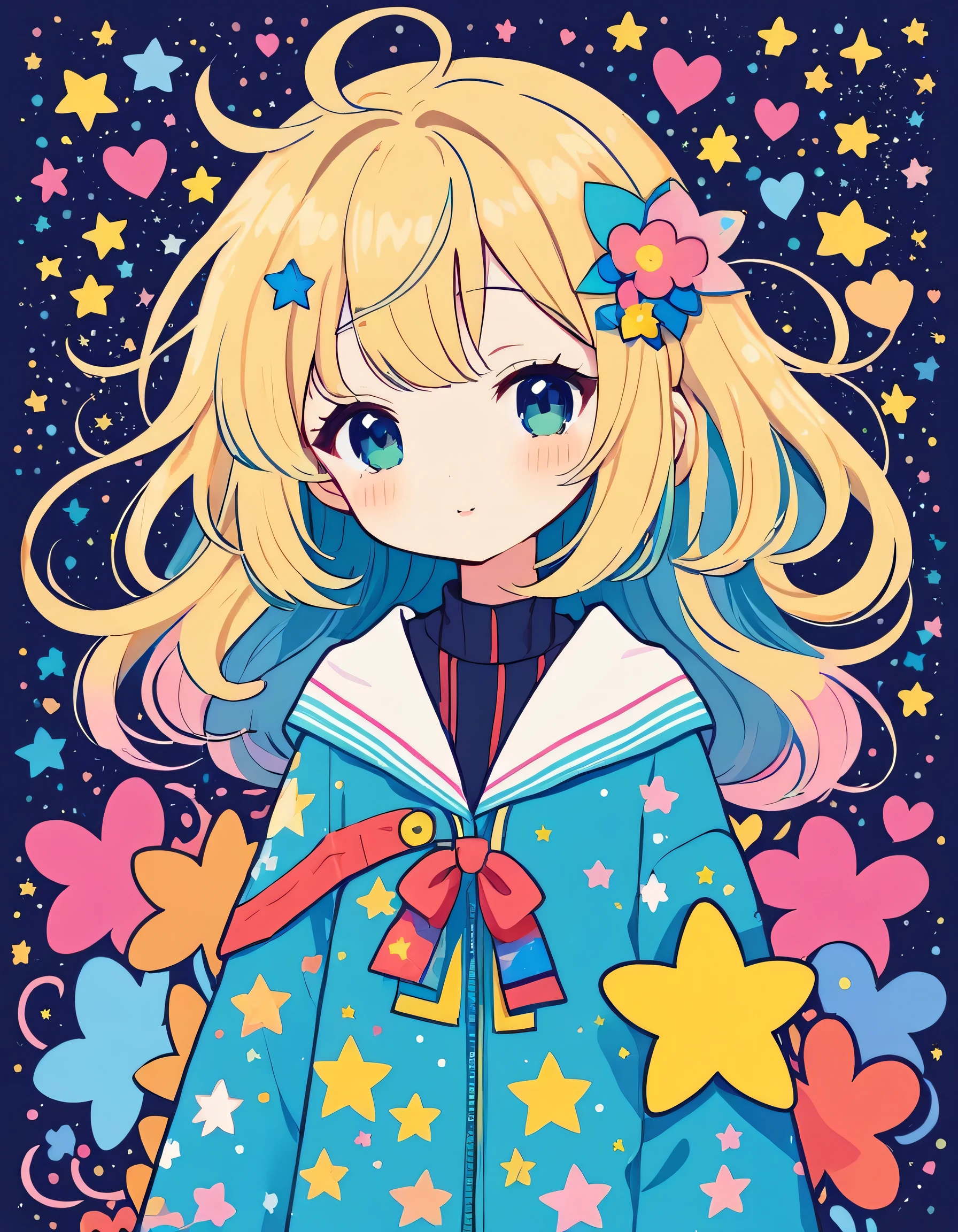 Mika Pikazo style, Simple Line Initialism,Abstract art,kawaii Design, (((The most kawaii girl of all time))), chibi, The background is star dust, colorful hearts, colorful flowers,